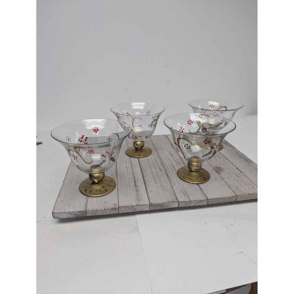Pfaltzgraff Holiday Gold Hand Painted Glass Pedestal Dessert Bowls Set 4 Box - Picture 3 of 7